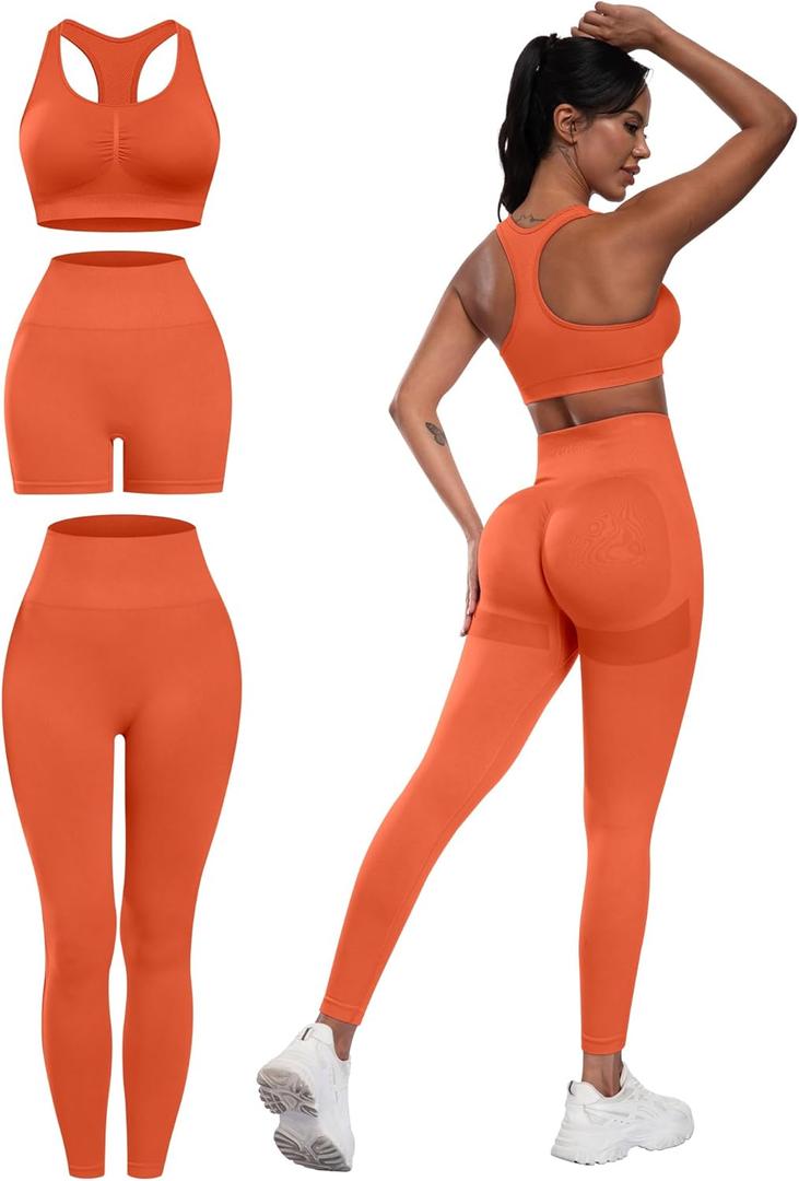 3 Piece Workout Sets for Women Butt Lifting Leggings with High Impact Sports Bra Gym Shorts (Medium, Yellow)
