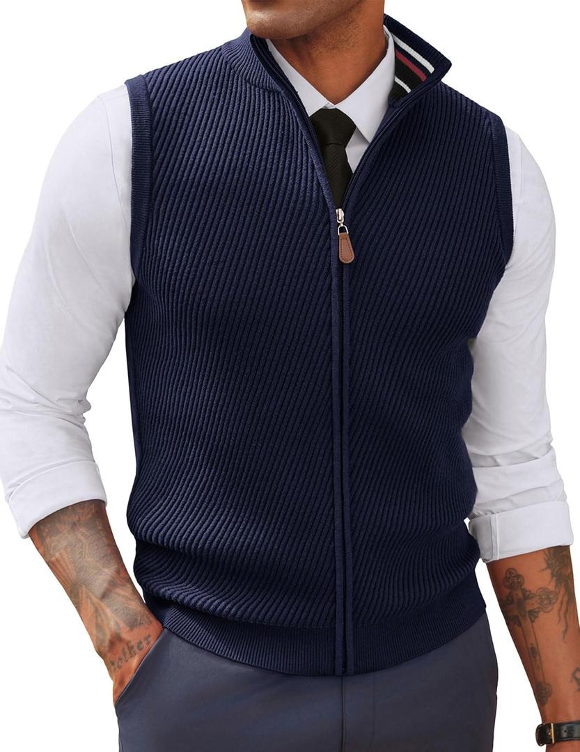PJ PAUL JONES Men's Sweater Vests Slim Fit Twill Textured Full Zip Sleeveless Vests Casual Outwear (Navy Blue, XL)