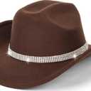 Vintage Rhinestones-Hat Western-Cowgirls-Hat - Wide Brim Bling Diamond Cowboy-Hat for Cosplay Disco Music Party M/L (7, Brown)