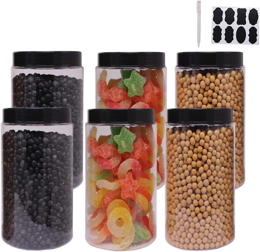 zmybcpack 6 Pack 40 oz Plastic Jars With Lids, Extra Labels, 1 Pen, Clear PET Seal Jar for Food Storage,Wide Opening Storage jar for Dry Food, Peanut, Powder, Kitchen & Craft Storage