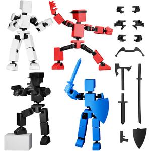 4PCS Mini Titan T-13 Action Figures Set, Assembly Completed Luck Dummy Robot 13 Action Figure Toys for Boys Stick Figures with Multi Joints Movable Fidget Gifts for Kids(Black+White+Blue+Red)