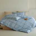 Blue Plaid Comforter Set 3 Pieces - 100% Cotton Grid Gingham Pattern Reversible Comforter Queen Size, Soft and Hypoallergenic Bedding Set