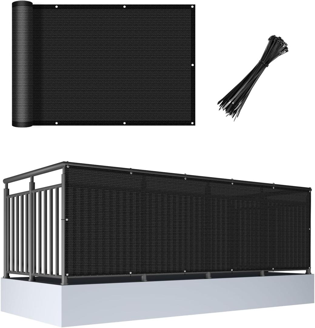 Cool Area 3'x10' Black Balcony Privacy Screen Fence Cover HDPE Mesh Fabric with Grommets UV Protection Weather-Resistant Wind Screen for Outdoor, Backyard, Deck, Porch, Patio, Apartment Railing
