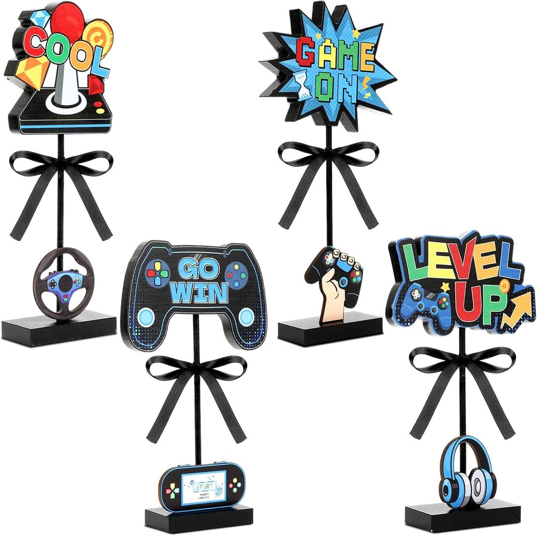 4 Pcs Video Game Wooden Table Decor Level Up Wood Block Sign Set Gaming Pixelated Centerpieces Game On Controllers Wooden Tabletop Sign Video Games Tiered Decor for Home Farmhouse Kitchen Office
