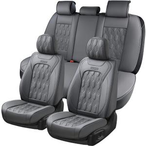 Coverado Car Seat Cover Full Set, Front and Back Seat Covers for Cars, 5 Seats Luxury Leather Seat Covers, Waterproof Car Seat Protectors, Gray Driver Seat Cushions Fit for Most Vehicles