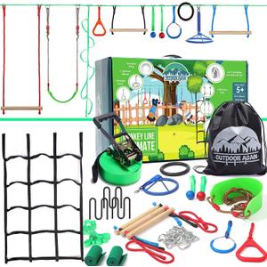 Ninja Warrior Obstacle Course for Kids  2 x 65ft Slackline with 13 Obstacles, Weatherproof, Adjustable Difficulty, Safe Setup on Trees or Posts, Supports Up to 880lbs, Fun Outdoor Ninja Training