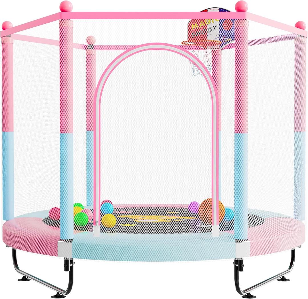 VGMiu 60" Trampoline for Kids, 5 FT Indoor & Outdoor Toddler Baby Trampoline with Basketball Hoop, Safety Enclosure, Birthday Gifts for Kids, Gifts for Boy and Girl, Age 3-8