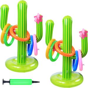 Gejoy 2 Pieces Inflatable Cactus Ring Toss Game Set Floating Swimming Ring Toss with 10 Pieces Inflatable Rings for Summer Hawaiian Pool Beach Luau Party Supplies