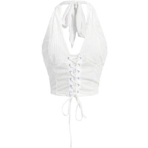 Verdusa Women's Going Out Halter Corset Tops Sleeveless Lace Up Open Back Crop Top (Large, White)