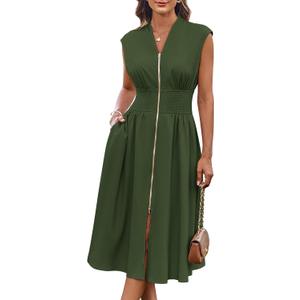 GRACE KARIN Womens Summer Casual Dress, Business Office Work Dresses, Cap Sleeve Zipper Front Flowy Midi Dress with Pockets (Green, XL)