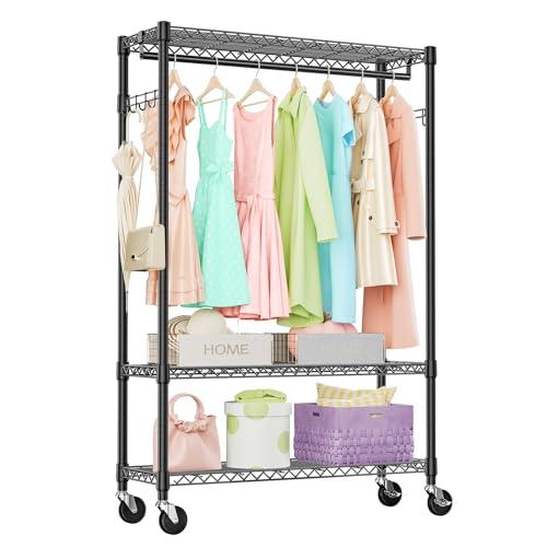 IZEUK 3 Tier Heavy Duty Rolling Garment Rack Wire Clothes Rack for Hanging Clothes, Metal Freestanding Closet Wardrobe Rack with 1 Rods and Wheels Black 15.7" D x 45.3" W x 75.6" H