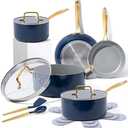 Blue Pots and Pans Set Nonstick - 15-Piece Luxury Blue and Gold Cookware Set, 100% PFOA-Free, Non-Toxic, Induction-Ready Pots and Pans with Lids and Gold Kitchen Utensils for Stylish Cooking