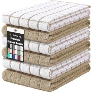 Homaxy Premium Cotton Kitchen Towels 16"x 28", Large Natural Ring Spun 390 GSM Dish Towels, Super Absorbent Terry Kitchen Hand Towels, Soft Tea Towels with Hanging Loop, Tan Check Design, 6 Pack