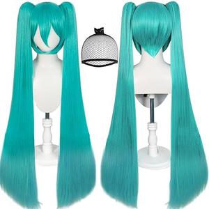 Wig Cap + 4Pcs 47inch Long Green Cosplay Wig with Headphone and Hair Accessories Teal Straight Synthetic Anime Wigs with Double Ponytail for Women Costume Green Wigs for Halloween Costume Outfit