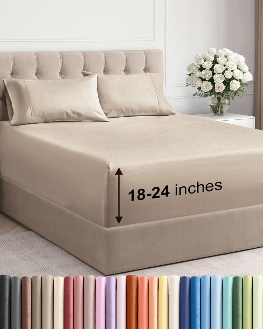 Extra Deep Queen Sheet Set - 4 Piece Breathable & Cooling Bed Sheets - Easily Fits 18 to 24 inch Mattress - Ultra Soft, Wrinkle & Fade Free w/ Extra Deep Pockets - Comfy Hotel Luxury Bedding - Wheat