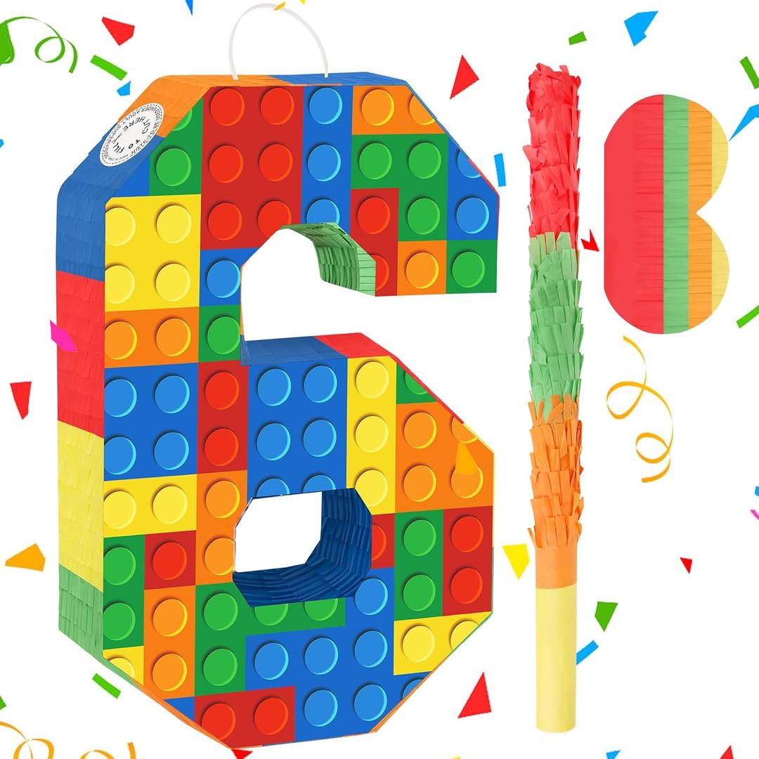Building Blocks 6th Birthday Party Decorations Number 6 Pinata with Pinata Stick & Blindfold for Kids Girls Boys Happy Birthday Building Block Theme Party Supplies Carnival Games