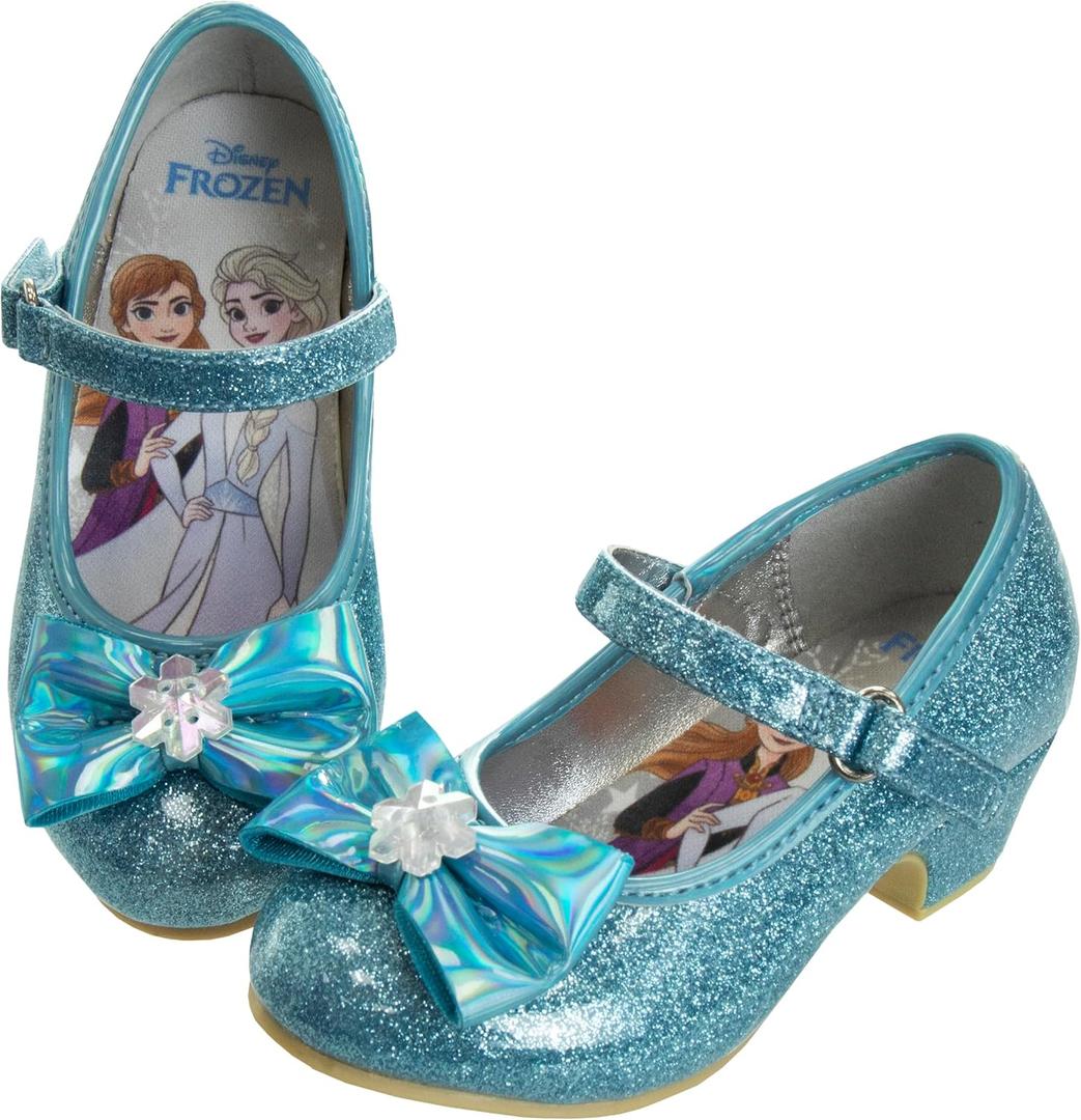 Disney Frozen Shoes - Girls Mary Jane Flat Pump Strap with Bow - Kids Character Elsa Anna Princess Dress up Costume Flower School Party Flats Slip on - Blue (Size 7 Toddler)