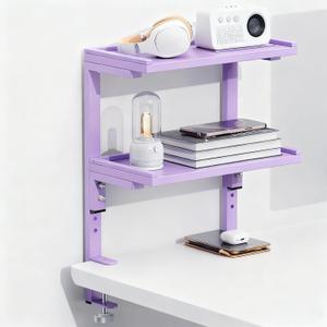 Spacrea clamp on Desk Shelf, 2 Tier Office Desk Shelves Organizer, Wood Desktop Supplies Storage Rack, Desk Organizers and Accessories (Purple)
