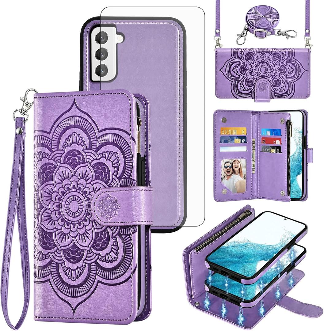 Asuwish Phone Case for Samsung Galaxy S22 5G Zipper Wallet Detachable Cell Cover with Tempered Glass Screen Protector Crossbody Strap Flower Card Holder Slot S 22 22S 4G G5 6.1 inch Women Girls Purple