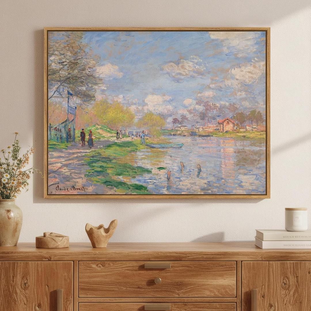 Framed Claude Monet Landscape Canvas Wall Art, Large Impressionist Artwork for Walls, Blue Scenery Classic Aesthetic Prints Paintings for Living Room Farmhouse Bedroom Wall Decor 32x24 Inch