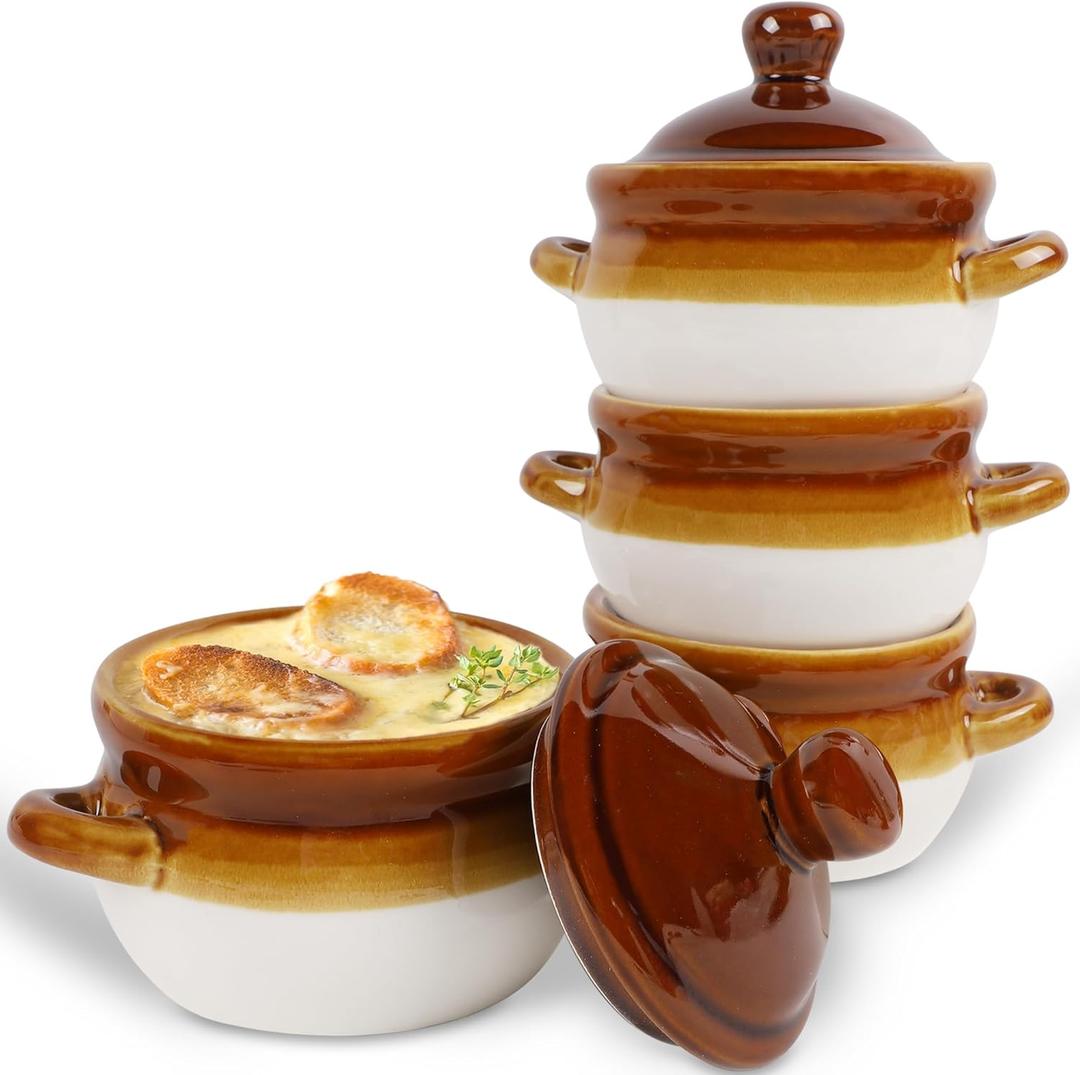 Adroiteet Set of 4 French Onion Soup Bowls, 16 Oz Soup Crocks with Handles and Lids, Ceramic Oven Safe Bowls, Brown and White Porcelain Soup Bowl for Stew, Chili, Cereal