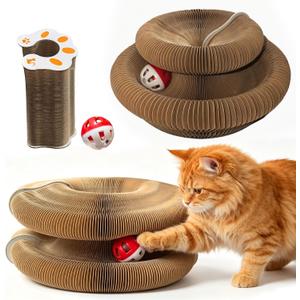 2 x 2-Pack Magic Organ Cat Toy | Kitty Curls Cat Toy | Reversible Cat Scratcher Pad with Bell Balls, Corrugated Cardboard Scratching Board for Indoor Cats, Furniture Protection