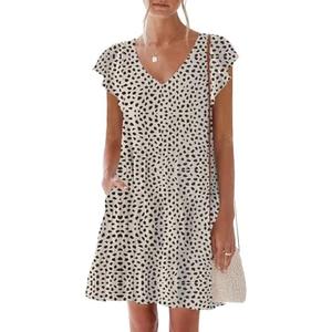 nclook Womens Summer Casual Dresses Sweet Cute V Neck Mini Dress with Pockets Ruffle Short Sleeve, XL
