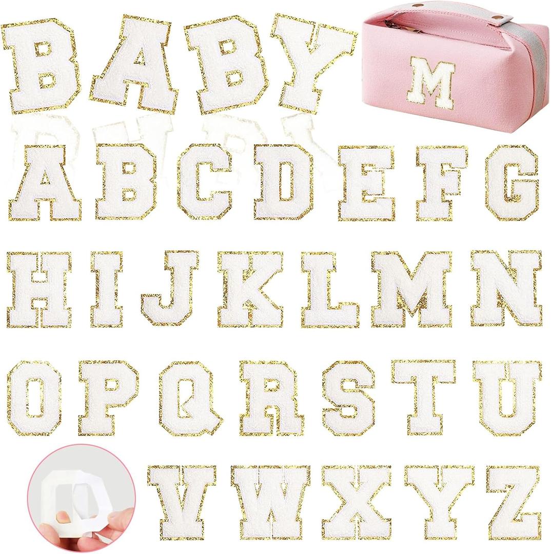 Self-Adhesive Chenille Letters Patches, 26PCS White Letter Stickers on Patches Varsity Letter Patches for Clothing Jackets Backpacks Hats Repair Alphabet Embroidered Applique