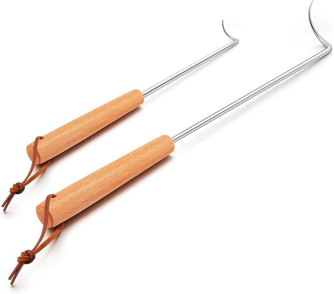 Pigtail Food Flipper 2Pcs, HaSteeL 12 & 17 Inch Meat Turner Hook, Stainless Steel Pig Tail Flipper Hook With Wooden Handle, Grill Accessories for BBQ Grilling Griddle Kitchen Cooking - Right Handed