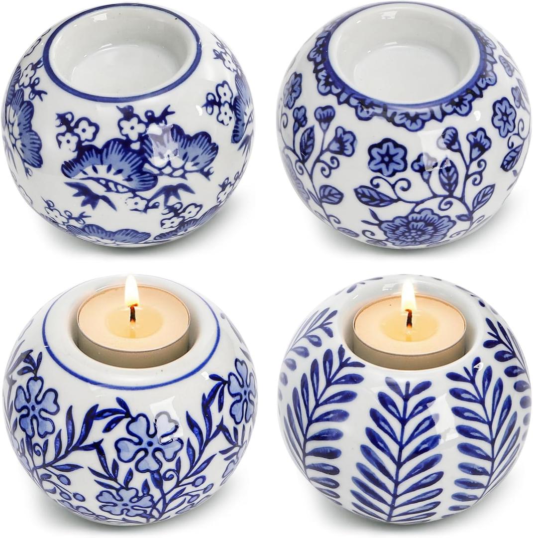 Okllen Set of 4 Blue and White Decor Ceramic Tealight Holders, Chinoiserie Decor Votive Candle Holders for Wedding Party Centerpiece, Holiday Home Table Decor, 1.8" Dx2.75 H
