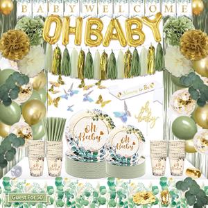 372 Pcs Sage Green Baby Shower Decorations, Neutral Baby Shower Decor Supplies- Disposable Dinnerware Set With Eucalyptus Leaf (50 Guest), "OH BABY" Banner, Balloon, Sash, Cake Topper