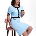 SeSe Code Women's Color Block Modest Work Dress Short Sleeve Business Dresses Button Crew Neck Elegant Bodycon Baby Blue XL (Blue, XL)