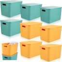 Hoolerry 8 Pieces Colorful Storage Bins with Lid, Plastic Storage Basket Organizing Container Stackable Box with Handle for Shelves Desktop Playroom Office(14.2 x 10.2 x 9.5 Inch,Green and Yellow)