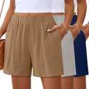 Ficerd 3 Pack Women's Casual Linen Shorts,Pleated High Waist Wide Leg Summer Elastic Comfy Trendy Shorts with Pockets XL