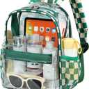 Clear Mini Backpack for Stadium Events 12x12x6 Small Transparent Backpacks Plastic See Through Clear Bag for Concerts Work Festival Security Travel (Green White-checkered)