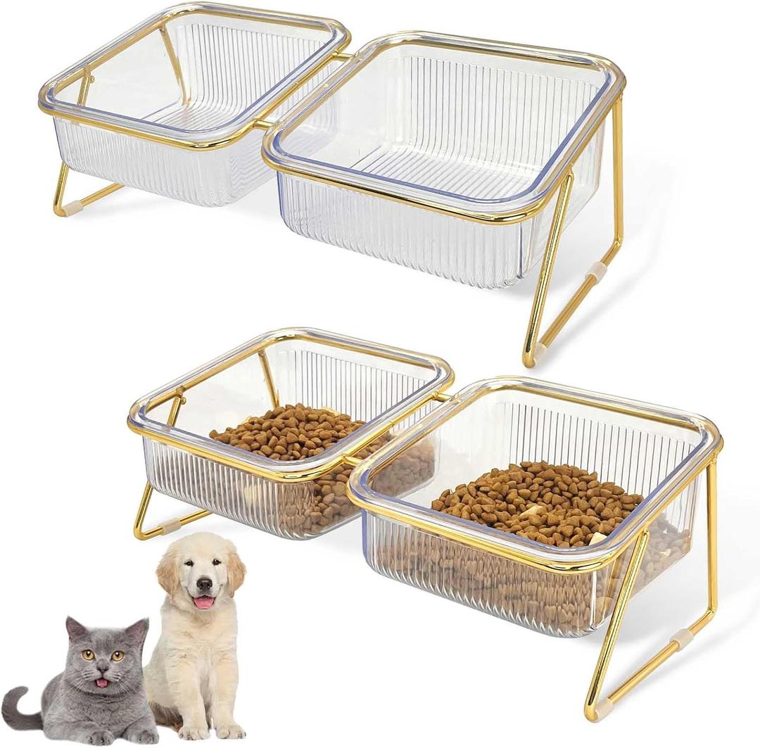2PCS Elevated Double Cat Bowls,5.7" Pets Water and Food Bowl 15Tilted Transparent Raised Kitten Food Feeding Dishes with Iron Stand Anti Slip Kitty Dishs Rose Gold Bowl Set for Kittiens