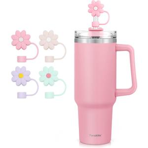 TaroKitc 40 oz Tumbler with Handle and 4 Silicone Straw Covers Cap | Stainless Steel Insulated Travel Mug Iced Coffee Cup | Keeps Drinks Cold for 34 Hours | Dishwasher Safe, BPA Free(Pink) (40 Ounces, Pink with 4 Straw Covers)