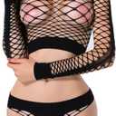 Women's Mesh Lingerie Fishnet Babydoll Mini Dress Bodysuit See Through Shirts Long Sleeves Lingerie Bodysuit Cover Up (Black)