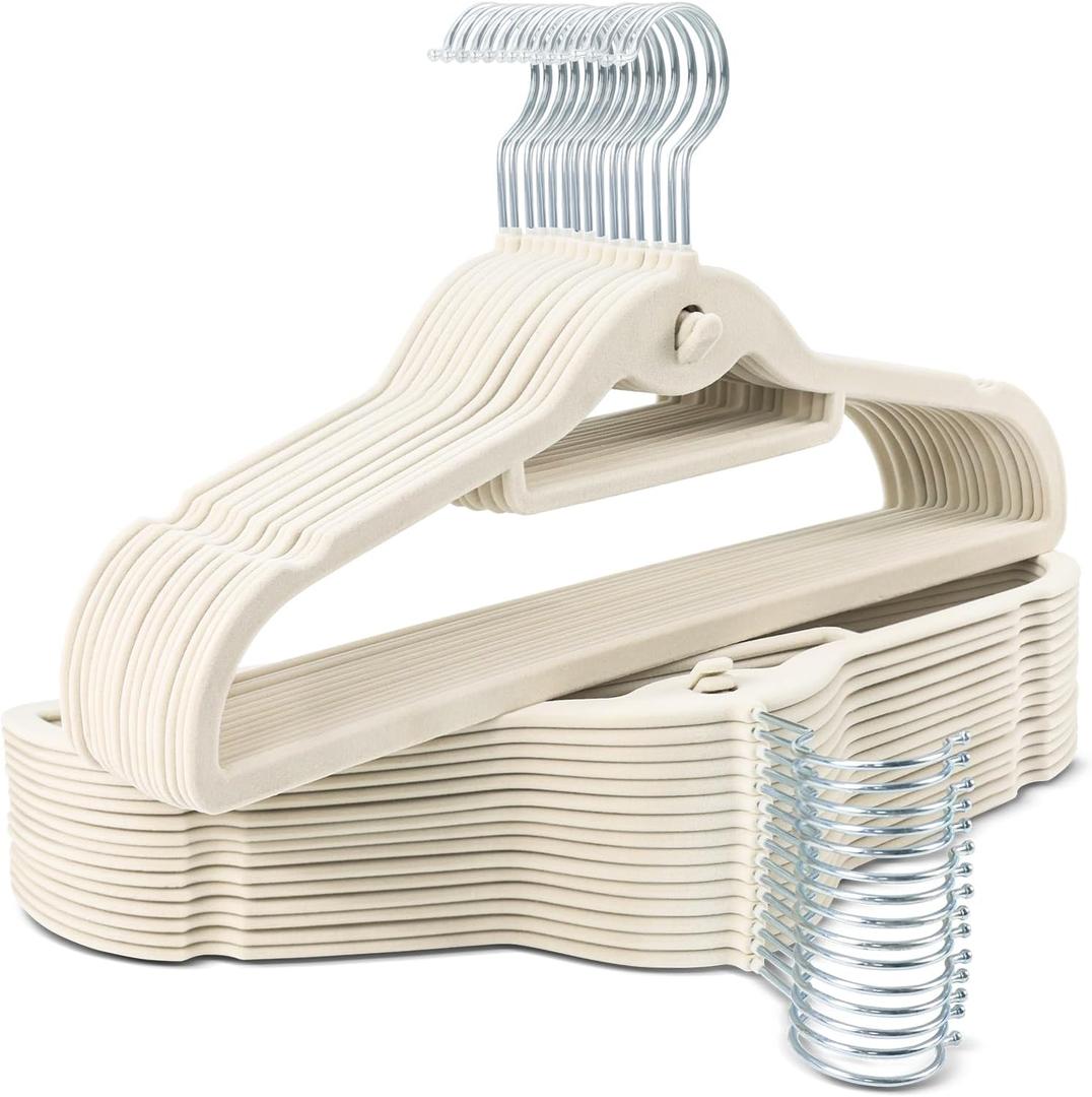 Velvet Hangers 30 Pack with 360° Swivel Hook, Ivory Non Slip Hangers for Clothes with Cascading Hooks, Thin Hanger Space Saving, Heavy Duty Closet Hanger for Clothes, Coats, Suits, Dress, Pants