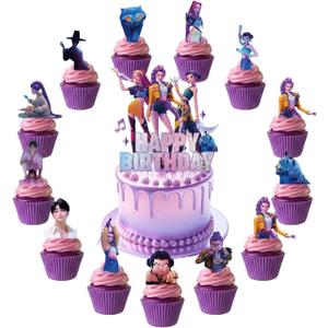Demon Movie Hunters Birthday Cake Topper, Cute Cake Decorations Include 1Pcs Happy Birthday Cake Topper and 24Pcs Cupcake Topper for Cartoon Party Decorations
