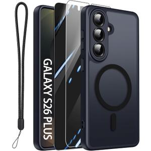 for Samsung Galaxy S26 Plus Case with 2X Screen Protector and Camera Protection Compatible with MagSafe Magnetic Matte Shockproof Phone Cover for Galaxy S 26 Plus-Black