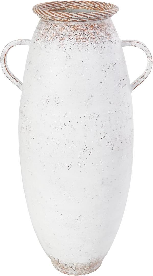 Deco 79 Metal Decorative Vase Centerpiece Vase with Antique Distressing and Terracotta Accents, Flower Vase for Home Decoration 13" x 9" x 24", White (CONVENIENTLY SIZED)