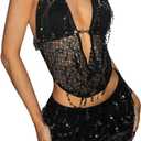SOLY HUX Women's 2 Piece Party Club Outfit Sequin Tie Backless Sheer Halter Crop Top and Mini Skirt Set, Size: Small