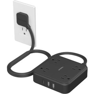 Surge Protector Flat Extension Cord 5FT, TESSAN Flat Plug Power Strip with 4 Outlets 3 USB C Ports (1 USB C), 900 Joules Protection, Multiple Wall Outlet Extender Suitable for Home Office Dorm, Black