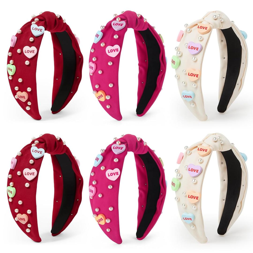 Hoteam 6 Pieces Valentine Headband for Women Beaded Love Heart Headband Pearl Rhinestone Crystal Jeweled Knotted Hairband for Valentine Hair Accessories Gifts(Red, Rose Red, White)