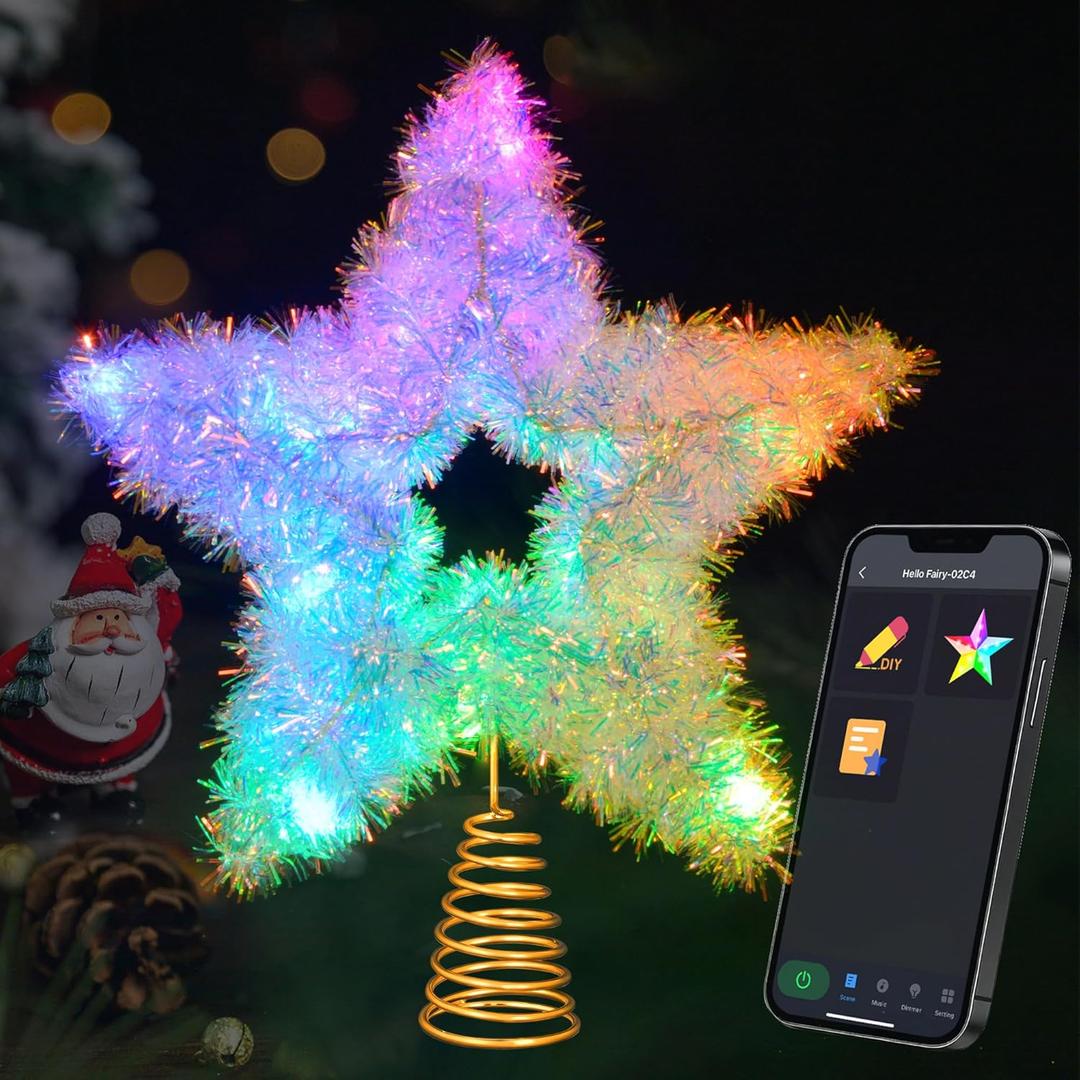 Smart Christmas Tree Topper, 10 Rainbow Lacquer Star with RGB Color Changing, Static & Dynamic Modes, USB Powered, 15 LEDs for Xmas Tree Decoration