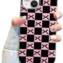 Jusy Compatible with iPhone 15 Case Cute Cool Checkerboard Checkered Bow Pattern with Pink Black Design for Girls Women Soft TPU Shockproof Protective for iPhone 15 - Checkered Bow