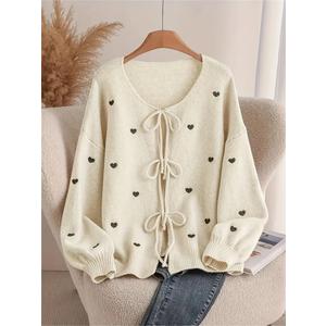 Kipfall Womens Bow Tie Front Cardigan Sweaters Long Puff Sleeve Cute Print Jacket Coats 2025 Trendy Fall Winter Outfits, Large
