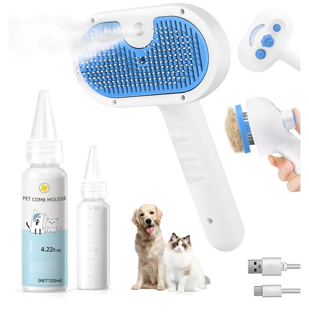 Pet Steam Brush for Dog & Cat - 3-in-1 Steam Grooming Brush for Shedding & Hair Removal - Self Cleaning Spray Comb with Mist for Long Haired Pets - Includes 1*Waterless Shampoo, Blue
