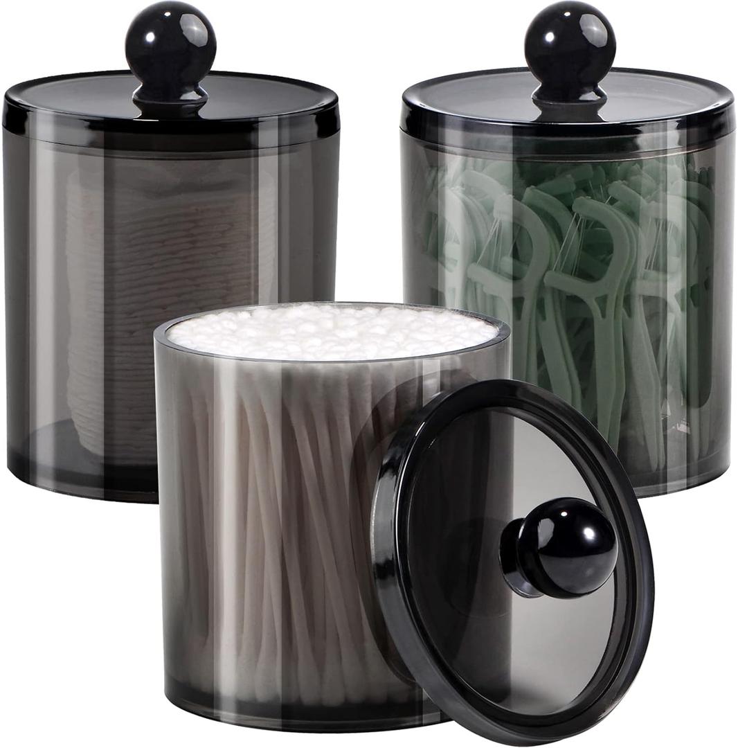 3 Pack Qtip Dispenser Apothecary Jars Bathroom with Labels- Black Plastic Qtip Holder Storage Set for Cotton Ball,Cotton Swab,Cotton Rounds,Floss Picks, Hair ClipsHair Ties